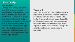 GC-F-004 V.01
Viga de toque
Una viga económica pero fuerte a
base de alternar paneles de
madera y acero, las vigas de toque
ayudan a reducir los costos de
construcción. A menudo se utilizan
en la construcción de viviendas
residenciales, se pueden unir a los
marcos de madera con clavos o
tornillos. Más ligeras que las vigas
I, las vigas de toque proporcionan
soporte vertical y horizontal, pero
no pueden soportar el mismo peso
que las vigas de acero.
Tipos de viga
Viga canal C
Parecida a la letra "C", con un lado abierto, la
viga canal C es ideal para soportar pequeños
puentes o pasarelas, rampas y pisos. Está
hecha de acero galvanizado y está disponible
en diferentes colores para complementar un
entorno al aire libre cuando las vigas están
expuestas, como en los parques. Las vigas de
canal C duraderas son resistentes a la
corrosión.
 