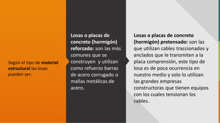 GC-F-004 V.01
Según el tipo de material
estructural las losas
pueden ser:
Losas o placas de
concreto (hormigón)
reforzado: son las más
comunes que se
construyen y utilizan
como refuerzo barras
de acero corrugado o
mallas metálicas de
acero.
Losas o placas de concreto
(hormigón) pretensado: son las
que utilizan cables traccionados y
anclados que le transmiten a la
placa comprensión, este tipo de
losa es de poca ocurrencia en
nuestro medio y solo lo utilizan
las grandes empresas
constructoras que tienen equipos
con los cuales tensionan los
cables.
 
