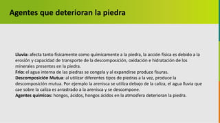 GC-F-004 V.01
Lluvia: afecta tanto físicamente como químicamente a la piedra, la acción física es debido a la
erosión y capacidad de transporte de la descomposición, oxidación e hidratación de los
minerales presentes en la piedra.
Frio: el agua interna de las piedras se congela y al expandirse produce fisuras.
Descomposición Mutua: al utilizar diferentes tipos de piedras a la vez, produce la
descomposición mutua. Por ejemplo la arenisca se utiliza debajo de la caliza, el agua lluvia que
cae sobre la caliza es arrastrado a la arenisca y se descompone.
Agentes químicos: hongos, ácidos, hongos ácidos en la atmosfera deterioran la piedra.
Agentes que deterioran la piedra
 
