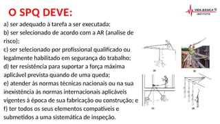 O SPQ DEVE:
a) ser adequado à tarefa a ser executada;
b) ser selecionado de acordo com a AR (analise de
risco);
c) ser selecionado por profissional qualificado ou
legalmente habilitado em segurança do trabalho;
d) ter resistência para suportar a força máxima
aplicável prevista quando de uma queda;
e) atender às normas técnicas nacionais ou na sua
inexistência às normas internacionais aplicáveis
vigentes à época de sua fabricação ou construção; e
f) ter todos os seus elementos compatíveis e
submetidos a uma sistemática de inspeção.
 