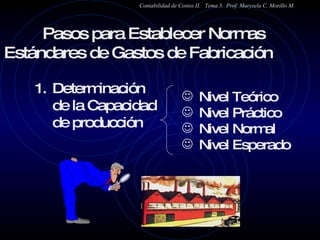 Determinación de la Capacidad de producción Nivel Teórico Nivel Práctico Nivel Normal Nivel Esperado Pasos para Establecer Normas Estándares de Gastos de Fabricación  Contabilidad de Costos II.  Tema 5.  Prof. Marysela C. Morillo M. 