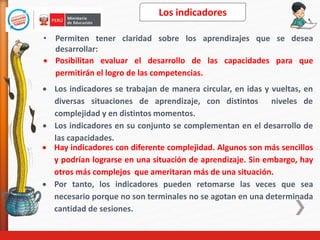  Hay indicadores con diferente complejidad. Algunos son más sencillos
y podrían lograrse en una situación de aprendizaje. Sin embargo, hay
otros más complejos que ameritaran más de una situación.
 Por tanto, los indicadores pueden retomarse las veces que sea
necesario porque no son terminales no se agotan en una determinada
cantidad de sesiones.
 Los indicadores se trabajan de manera circular, en idas y vueltas, en
diversas situaciones de aprendizaje, con distintos niveles de
complejidad y en distintos momentos.
 Los indicadores en su conjunto se complementan en el desarrollo de
las capacidades.
• Permiten tener claridad sobre los aprendizajes que se desea
desarrollar:
 Posibilitan evaluar el desarrollo de las capacidades para que
permitirán el logro de las competencias.
Los indicadores
 