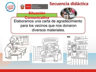 Secuencia didáctica
Elaboramos una carta de agradecimiento
para los vecinos que nos donaron
diversos materiales.
Situación
Comunicativa
 