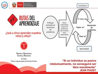 Enseñanza
Enfoque
centrado en
resolución
de
problemas
Hacer
matemática
a partir de
problemas
del contexto
real y
matemático
“A través de”
“Sobre la”
Resolución
de
problemas
“Para la”
Aprendizaje
“Si un individuo es pasivo
intelectualmente, no conseguirá ser
libre moralmente”
JEAN PIAGET
 