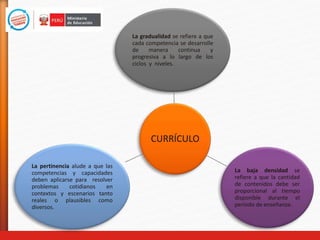CURRÍCULO
La gradualidad se refiere a que
cada competencia se desarrolle
de manera continua y
progresiva a lo largo de los
ciclos y niveles.
La baja densidad se
refiere a que la cantidad
de contenidos debe ser
proporcional al tiempo
disponible durante el
período de enseñanza.
La pertinencia alude a que las
competencias y capacidades
deben aplicarse para resolver
problemas cotidianos en
contextos y escenarios tanto
reales o plausibles como
diversos.
 