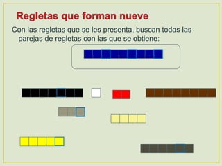 Con las regletas que se les presenta, buscan todas las
parejas de regletas con las que se obtiene:
 