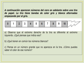 A continuación aparecen números del cero en adelante sobre una tira
de papel. La tira tiene bandas de color gris y blanco alternadas
empezando por el gris.
a) Observa que el extremo derecho de la tira es diferente al extremo
izquierdo. ¿Qué piensas que indica eso?
b) ¿Qué tienen en común los números blancos?
c) Piensa en un número grande que no aparezca en la tira. ¿Cómo puedes
saber el color de ese número?
A continuación aparece una tira diferente hecha con el patrón
repetitivo punteadoblanco-gris...
 