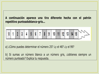 c) Piensa en un número grande que no aparezca en la tira. ¿Cómo puedes
saber el color de ese número?
A continuación aparece una tira diferente hecha con el patrón
repetitivo punteadoblanco-gris...
a) ¿Cómo puedes determinar el número 25? ¿y el 48? ¿y el 99?
b) Si sumas un número blanco a un número gris, ¿obtienes siempre un
número punteado? Explica tu respuesta.
 