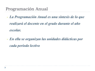 Programación Anual
• La Programación Anual es una síntesis de lo que
realizará el docente en el grado durante el año
escolar.
• En ella se organizan las unidades didácticas por
cada período lectivo
 
