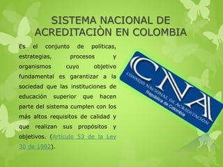 SISTEMA NACIONAL DE
ACREDITACIÒN EN COLOMBIA
Es el conjunto de políticas,
estrategias, procesos y
organismos cuyo objetivo
fundamental es garantizar a la
sociedad que las instituciones de
educación superior que hacen
parte del sistema cumplen con los
más altos requisitos de calidad y
que realizan sus propósitos y
objetivos. (Artículo 53 de la Ley
30 de 1992).
 