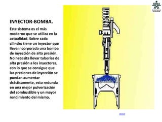 INYECTOR-BOMBA.
Este sistema es el más
moderno que se utiliza en la
actualidad. Sobre cada
cilindro tiene un inyector que
lleva incorporada una bomba
de inyección de alta presión.
No necesita llevar tuberías de
alta presión a los inyectores,
con lo que se consigue que
las presiones de inyección se
puedan aumentar
drásticamente, esto redunda
en una mejor pulverización
del combustible y un mayor
rendimiento del mismo.



                                 INICIO
 