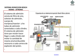 SISTEMA INYAECCION BOSCH
     MONO - JETRONIC

El sistema de admisión
consta de filtro de aire,
colector de admisión,
cuerpo de
mariposa/inyector y los
tubos de admisión
conectados a cada cilindro.
El sistema de admisión
tiene por misión hacer
llegar a cada cilindro del
motor la cantidad de
mezcla aire/combustible
necesaria a cada carrera de
explosión del pistón.
.

                              SIGUINETE
 