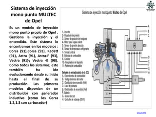 Sistema de inyección
mono punto MULTEC
      de Opel
Es un modelo de inyección
mono punto propio de Opel .
Gestiona la inyección y el
encendido. Este sistema lo
encontramos en los modelos :
Corsa (91),Corsa (93), Kadett
(91), Astra (91), Astra-F (93),
Vectra (91)y Vectra -B (98).
Como todos los sistemas, este
también          ha         ido
evolucionando desde su inicio
hasta el final de su
producción. Los primeros
modelos disponían de un
distribuidor con generador
inductivo (como los Corsa
1.2,1.3 con carburador)

                                  SIGUIENTE
 