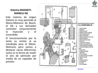 Sistema MAGNETI-
         MARELLI G6
Este sistema de origen
Italiano es muy parecido al
Mono-Motronic de Bosch,
el G6 y sus derivados
controlan conjuntamente
la     inyección    y    el
encendido.
El funcionamiento por lo
tanto es similar al ya
estudiado para el Mono-
Motronic pero vamos a
destacar varias diferencias
como es la forma de medir
el aire de admisión por
medio de un captador de
presión.

                              SIGUIENTE
 