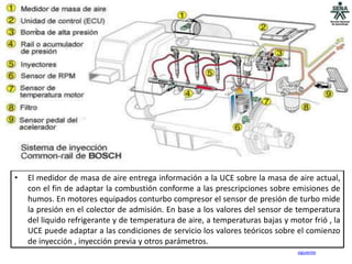 •   El medidor de masa de aire entrega información a la UCE sobre la masa de aire actual,
    con el fin de adaptar la combustión conforme a las prescripciones sobre emisiones de
    humos. En motores equipados conturbo compresor el sensor de presión de turbo mide
    la presión en el colector de admisión. En base a los valores del sensor de temperatura
    del liquido refrigerante y de temperatura de aire, a temperaturas bajas y motor frió , la
    UCE puede adaptar a las condiciones de servicio los valores teóricos sobre el comienzo
    de inyección , inyección previa y otros parámetros.
                                                                                siguiente
 