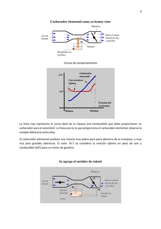 9

Carburador elemental como ya hemos visto

Curvas de comportamiento

La línea roja representa la curva ideal de la riqueza aire-combustible que debe proporcionar un
carburador para el automóvil. La línea azul es la que proporciona el carburador elemental, observe la
notable diferencia entre ellas.
El carburador elemental produce una mezcla muy pobre para poca abertura de la mariposa, y muy
rica para grandes aberturas. El valor 14.7 se considera la relación óptima en peso de aire y
combustible (A/C) para un motor de gasolina.

Se agrega el surtidor de ralentí

 
