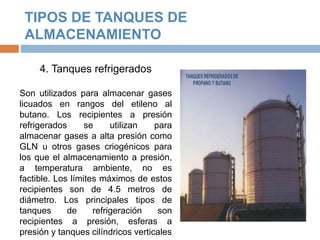 TIPOS DE TANQUES DE
ALMACENAMIENTO
4. Tanques refrigerados
Son utilizados para almacenar gases
licuados en rangos del etileno al
butano. Los recipientes a presión
refrigerados se utilizan para
almacenar gases a alta presión como
GLN u otros gases criogénicos para
los que el almacenamiento a presión,
a temperatura ambiente, no es
factible. Los límites máximos de estos
recipientes son de 4.5 metros de
diámetro. Los principales tipos de
tanques de refrigeración son
recipientes a presión, esferas a
presión y tanques cilíndricos verticales
 