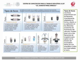 Tipos de focos
Los focos
automotrices son
de filamento
incandescente,
adaptados en
forma y diseño, a
su aplicación en
los diferentes
accesorios de
iluminación del
vehículo. Pueden
tener uno o dos
filamentos de
tungsteno para
operar con la
tensión del
acumulador,
dentro de una
ampolleta o bulbo
de cristal sellado
al vacío.
 