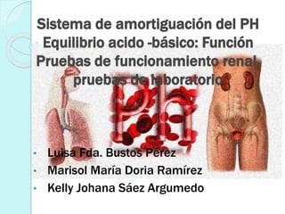 Sistema de amortiguación del PH
Equilibrio acido -básico: Función
Pruebas de funcionamiento renal,
pruebas de laboratorio
• Luisa Fda. Bustos Pérez
• Marisol María Doria Ramírez
• Kelly Johana Sáez Argumedo
 