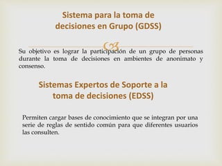 Sistema para la toma de 
decisiones en Grupo (GDSS) 
 
Su objetivo es lograr la participación de un grupo de personas 
durante la toma de decisiones en ambientes de anonimato y 
consenso. 
Sistemas Expertos de Soporte a la 
toma de decisiones (EDSS) 
Permiten cargar bases de conocimiento que se integran por una 
serie de reglas de sentido común para que diferentes usuarios 
las consulten. 
 