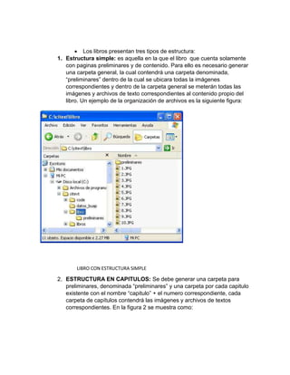  Los libros presentan tres tipos de estructura:
1. Estructura simple: es aquella en la que el libro que cuenta solamente
con paginas preliminares y de contenido. Para ello es necesario generar
una carpeta general, la cual contendrá una carpeta denominada,
“preliminares” dentro de la cual se ubicara todas la imágenes
correspondientes y dentro de la carpeta general se meterán todas las
imágenes y archivos de texto correspondientes al contenido propio del
libro. Un ejemplo de la organización de archivos es la siguiente figura:
LIBRO CON ESTRUCTURA SIMPLE
2. ESTRUCTURA EN CAPITULOS: Se debe generar una carpeta para
preliminares, denominada “preliminares” y una carpeta por cada capitulo
existente con el nombre “capitulo” + el numero correspondiente, cada
carpeta de capítulos contendrá las imágenes y archivos de textos
correspondientes. En la figura 2 se muestra como:
 