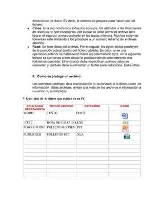 direcciones de disco. Es decir, el sistema se prepara para hacer uso del
fichero.
 Close. Una vez concluidos todos los accesos, los atributos y las direcciones
de disco ya no son necesarios, por lo que se debe cerrar el archivo para
liberar el espacio correspondiente en las tablas internas. Muchos sistemas
fomentan esto limitando a los procesos a un número máximo de archivos
abiertos.
 Read. Se leen datos del archivo. Por lo regular, los bytes leídos provienen
de la posición actual dentro del fichero abierto. Es decir, si en una
operación anterior se había leído hasta un determinado byte, en la siguiente
lectura se comienza a leer desde la posición donde anteriormente nos
habíamos quedado. El invocador debe especificar cuántos datos se
necesitan y también debe suministrar un buffer para colocarlos. Entre otros.
6. Como se protege un archivo
Los permisos protegen dela manipulación no autorizado o la destrucción de
información delos archivos, evitan q la vista de los archivos e información a
usuarios no autorizados
7. Que tipos de Archivos que existen en su PC
APLICACION
HERRAMIENTA
TIPO DE ARCHIVO EXTENSION ICONO
WORD TEXTO DOCX
EXEL HOJA DE CALCULO.EXE
POWER POINT PRESENTACIONES .PPT
PUBLISHER FOLLETOS ECT .XLA
 