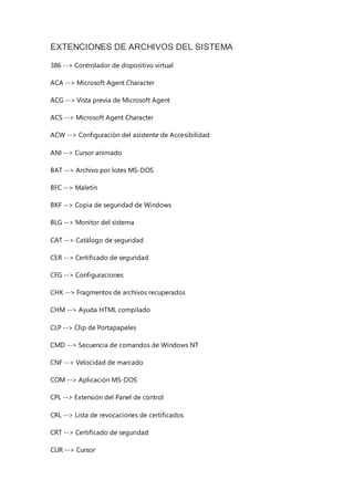 EXTENCIONES DE ARCHIVOS DEL SISTEMA
386 --> Controlador de dispositivo virtual
ACA --> Microsoft Agent Character
ACG --> Vista previa de Microsoft Agent
ACS --> Microsoft Agent Character
ACW --> Configuración del asistente de Accesibilidad
ANI --> Cursor animado
BAT --> Archivo por lotes MS-DOS
BFC --> Maletín
BKF --> Copia de seguridad de Windows
BLG --> Monitor del sistema
CAT --> Catálogo de seguridad
CER --> Certificado de seguridad
CFG --> Configuraciones
CHK --> Fragmentos de archivos recuperados
CHM --> Ayuda HTML compilado
CLP --> Clip de Portapapeles
CMD --> Secuencia de comandos de Windows NT
CNF --> Velocidad de marcado
COM --> Aplicación MS-DOS
CPL --> Extensión del Panel de control
CRL --> Lista de revocaciones de certificados
CRT --> Certificado de seguridad
CUR --> Cursor
 