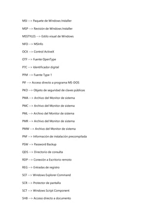 MSI --> Paquete de Windows Installer
MSP --> Revisión de Windows Installer
MSSTYLES --> Estilo visual de Windows
NFO --> MSInfo
OCX --> Control ActiveX
OTF --> Fuente OpenType
P7C --> Identificador digital
PFM --> Fuente Type 1
PIF --> Acceso directo a programa MS-DOS
PKO --> Objeto de seguridad de claves públicas
PMA --> Archivo del Monitor de sistema
PMC --> Archivo del Monitor de sistema
PML --> Archivo del Monitor de sistema
PMR --> Archivo del Monitor de sistema
PMW --> Archivo del Monitor de sistema
PNF --> Información de instalación precompilada
PSW --> Password Backup
QDS --> Directorio de consulta
RDP --> Conexión a Escritorio remoto
REG --> Entradas de registro
SCF --> Windows Explorer Command
SCR --> Protector de pantalla
SCT --> Windows Script Component
SHB --> Acceso directo a documento
 