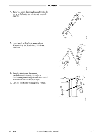 02:03-01 © Scania CV AB, Sweden, 2002-08:1 13
4. Remova a tampa de proteção dos eletrodos de
prova no Indicador do inibidor de corrosão
588 572.
5. Limpe os eletrodos de prova com água
destilada e álcool desnaturado. Seque os
eletrodos.
6. Quando verificando líquidos de
arrefecimento diferentes, enxágüe os
eletrodos de prova em água destilada e álcool
desnaturado antes de cada medição.
7. Coloque o indicador no recipiente vertical.
 