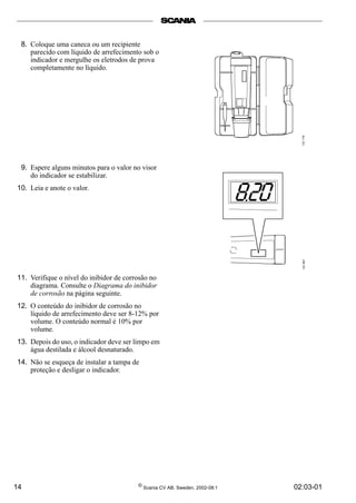 14 © Scania CV AB, Sweden, 2002-08:1 02:03-01
8. Coloque uma caneca ou um recipiente
parecido com líquido de arrefecimento sob o
indicador e mergulhe os eletrodos de prova
completamente no líquido.
9. Espere alguns minutos para o valor no visor
do indicador se estabilizar.
10. Leia e anote o valor.
11. Verifique o nível do inibidor de corrosão no
diagrama. Consulte o Diagrama do inibidor
de corrosão na página seguinte.
12. O conteúdo do inibidor de corrosão no
líquido de arrefecimento deve ser 8-12% por
volume. O conteúdo normal é 10% por
volume.
13. Depois do uso, o indicador deve ser limpo em
água destilada e álcool desnaturado.
14. Não se esqueça de instalar a tampa de
proteção e desligar o indicador.
 