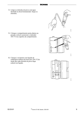 02:03-01 © Scania CV AB, Sweden, 2002-08:1 9
4. Limpe os eletrodos de prova com água
destilada ou álcool desnaturado. Seque os
eletrodos.
5. Coloque o compartimento porta-objetos na
posição vertical e posicione o indicador
588 572 nos suportes do compartimento.
6. Coloque o recipiente com líquido de
calibragem embaixo do Indicador 588 572 de
modo que cada eletrodo de prova fique
coberto em líquido.
 
