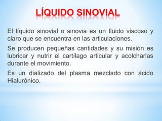 LÍQUIDO SINOVIAL
El líquido sinovial o sinovia es un fluido viscoso y
claro que se encuentra en las articulaciones.
Se producen pequeñas cantidades y su misión es
lubricar y nutrir el cartílago articular y acolcharlas
durante el movimiento.
Es un dializado del plasma mezclado con ácido
Hialurónico.
 