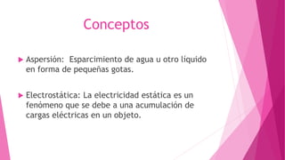 Conceptos 
 Aspersión: Esparcimiento de agua u otro líquido 
en forma de pequeñas gotas. 
 Electrostática: La electricidad estática es un 
fenómeno que se debe a una acumulación de 
cargas eléctricas en un objeto. 
 