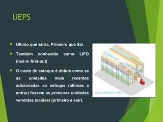 UEPS
 Ultimo que Entra, Primeiro que Sai
 Também conhecido como LIFO
(last-in first-out)
 O custo do estoque é obtido como se
as unidades mais recentes
adicionadas ao estoque (últimas a
entrar) fossem as primeiras unidades
vendidas (saídas) (primeiro a sair).
 