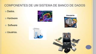 COMPONENTES DE UM SISTEMA DE BANCO DE DADOS
 Dados.
 Hardware
 Software
 Usuários.
 