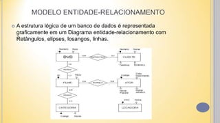 MODELO ENTIDADE-RELACIONAMENTO
 A estrutura lógica de um banco de dados é representada
graficamente em um Diagrama entidade-relacionamento com
Retângulos, elipses, losangos, linhas.
 