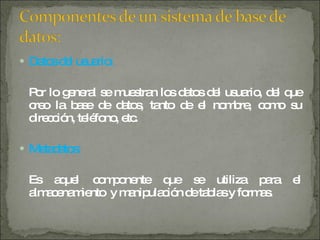 Datos del usuario: Por lo general se muestran los datos del usuario, del que creo la base de datos, tanto de el nombre, como su dirección, teléfono, etc. Metadatos: Es aquel componente que se utiliza para el almacenamiento  y manipulación de tablas y formas. 