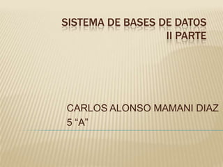 SISTEMA DE BASES DE DATOS
                  II PARTE




CARLOS ALONSO MAMANI DIAZ
5 “A”
 