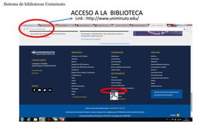 ACCESO A LA BIBLIOTECA
Link : http://www.uniminuto.edu/
Sistema de bibliotecas Uniminuto
 