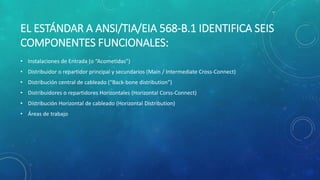 EL ESTÁNDAR A ANSI/TIA/EIA 568-B.1 IDENTIFICA SEIS
COMPONENTES FUNCIONALES:
• Instalaciones de Entrada (o “Acometidas”)
• Distribuidor o repartidor principal y secundarios (Main / Intermediate Cross-Connect)
• Distribución central de cableado (“Back-bone distribution”)
• Distribuidores o repartidores Horizontales (Horizontal Corss-Connect)
• Distribución Horizontal de cableado (Horizontal Distribution)
• Áreas de trabajo
 
