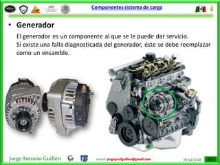 Jorge Antonio Guillén email: jorgeprofguillen@gmail.com 09/12/2014
Componentessistema de carga
• Generador
El generador es un componente al que se le puede dar servicio.
Si existe una falla diagnosticada del generador, éste se debe reemplazar
como un ensamble.
 