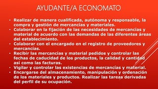 • Realizar de manera cualificada, autónoma y responsable, la
compra y gestión de mercancías y materiales.
• Colaborar en la fijación de las necesidades de mercancías y
material de acuerdo con las demandas de las diferentes áreas
del establecimiento.
• Colaborar con el encargado en el registro de proveedores y
mercancías.
• Recibir las mercancías y material pedidos y controlar las
fechas de caducidad de los productos, la calidad y cantidad
así como las facturas.
• Vigilar y controlar las existencias de mercancías y material.
• Encargarse del almacenamiento, manipulación y ordenación
de los materiales y productos. Realizar las tareas derivadas
del perfil de su ocupación.
AYUDANTE/A ECONOMATO
 