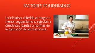 FACTORES PONDERADOS
La iniciativa, referida al mayor o
menor seguimiento o sujeción a
directrices, pautas o normas en
la ejecución de las funciones.
 