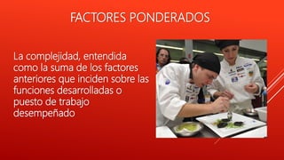 FACTORES PONDERADOS
La complejidad, entendida
como la suma de los factores
anteriores que inciden sobre las
funciones desarrolladas o
puesto de trabajo
desempeñado
 