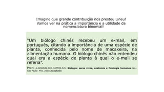 “Um biólogo chinês recebeu um e-mail, em
português, citando a importância de uma espécie de
planta, conhecida pelo nome de macaxeira, na
alimentação humana. O biólogo chinês não entendeu
qual era a espécie de planta à qual o e-mail se
referia”.
PEZZI, A.GOWDAK.D.O.MATTOS.N.S. Biologia: seres vivos, anatomia e fisiologia humanas.1ed.-
São Paulo: FTD, 2010,adaptado
Classificação no cotidiano
Imagine que grande contribuição nos prestou Lineu!
Vamos ver na prática a importância e a utilidade da
nomenclatura binomial!
 
