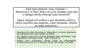 • Navegue em sites de busca e descubra os nomes populares
da macaxeira em cada região do Brasil.
• De quebra anote uma receita daquelas bem deliciosas, cujo
ingrediente principal, claro, seja macaxeira.
• Redija uma mensagem dando todas as informações
necessárias para que o biólogo chinês saia dessa confusão.
Você topa desfazer essa confusão ?
Reescreva o e-mail, desta vez com cuidado, para que
o biólogo chinês entenda tudo direitinho!
Agora coloque em prática o que aprendeu sobre o
nome científico das espécies. Caso necessite, retome
as aulas anteriores.
Classificação no cotidiano
 