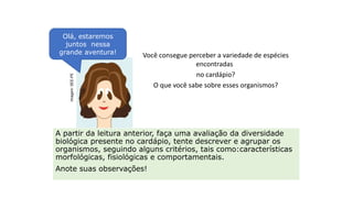 A partir da leitura anterior, faça uma avaliação da diversidade
biológica presente no cardápio, tente descrever e agrupar os
organismos, seguindo alguns critérios, tais como:características
morfológicas, fisiológicas e comportamentais.
Anote suas observações!
Você consegue perceber a variedade de espécies
encontradas
no cardápio?
O que você sabe sobre esses organismos?
Olá, estaremos
juntos nessa
grande aventura!
Para que e por que classificar
Imagem:
SEE-PE
 