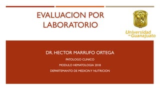 EVALUACION POR
LABORATORIO
DR. HECTOR MARRUFO ORTEGA
PATOLOGO CLINICO
MODULO HEMATOLOGIA 2018
DEPARTEMANTO DE MEDICINY NUTRICION
 
