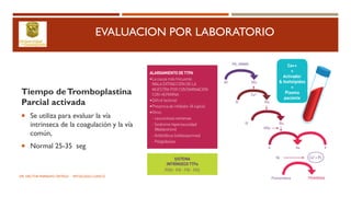 EVALUACION POR LABORATORIO
Tiempo deTromboplastina
Parcial activada
 Se utiliza para evaluar la vía
intrinseca de la coagulación y la vía
común,
 Normal 25-35 seg
DR. HECTOR MARRUFO ORTEGA PATOLOGO CLINICO
 