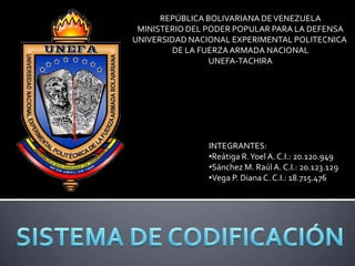 REPÚBLICA BOLIVARIANA DE VENEZUELA
 MINISTERIO DEL PODER POPULAR PARA LA DEFENSA
UNIVERSIDAD NACIONAL EXPERIMENTAL POLITECNICA
        DE LA FUERZA ARMADA NACIONAL
                 UNEFA-TACHIRA




                INTEGRANTES:
                •Reátiga R. Yoel A. C.I.: 20.120.949
                •Sánchez M. Raúl A. C.I.: 20.123.129
                •Vega P. Diana C. C.I.: 18.715.476
 
